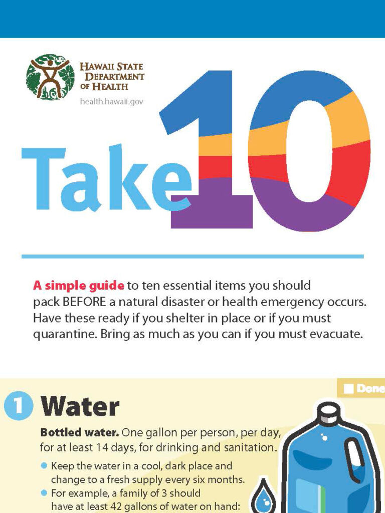 Cover of "Take 10" pamphlet. It is a list of items that one needs to have in case of emergencies